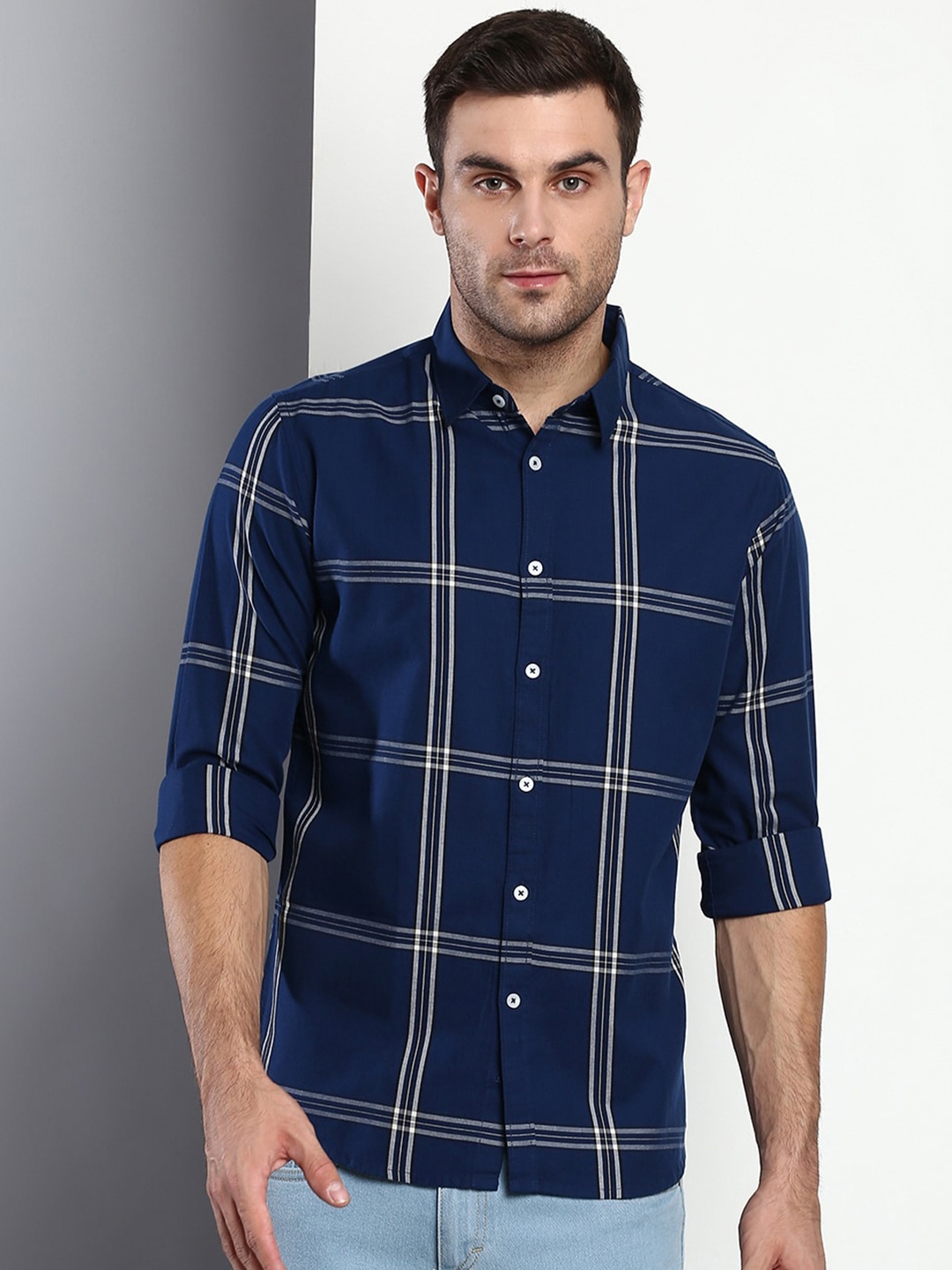 

Dennis Lingo Men Blue Slim Fit Windowpane Checks Checked Casual Shirt