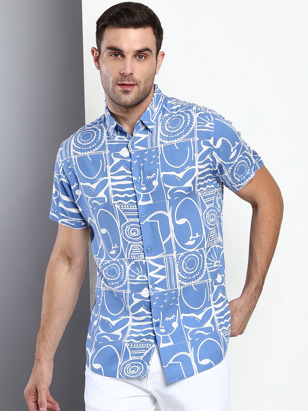 

Dennis Lingo Men Modern Slim Fit Bohemian Opaque Printed Casual Shirt, Blue