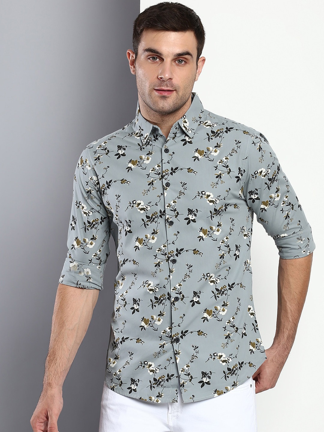 

Dennis Lingo Men Teal Slim Fit Floral Printed Casual Shirt
