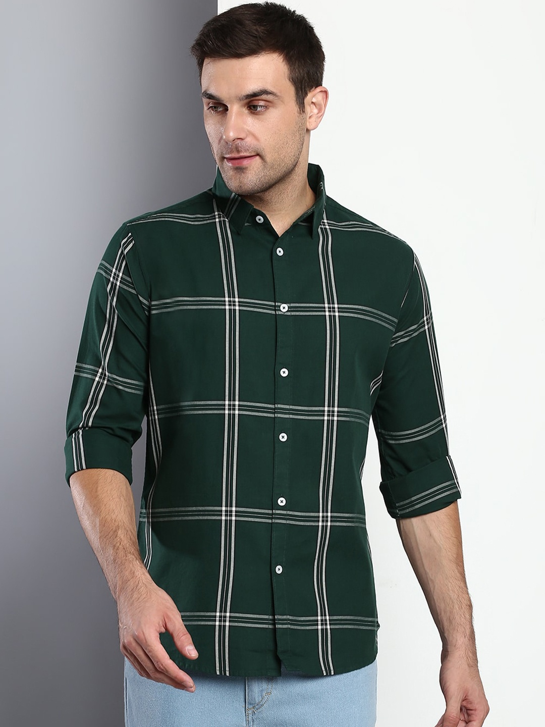 

Dennis Lingo Men Green Slim Fit Windowpane Checks Checked Casual Shirt
