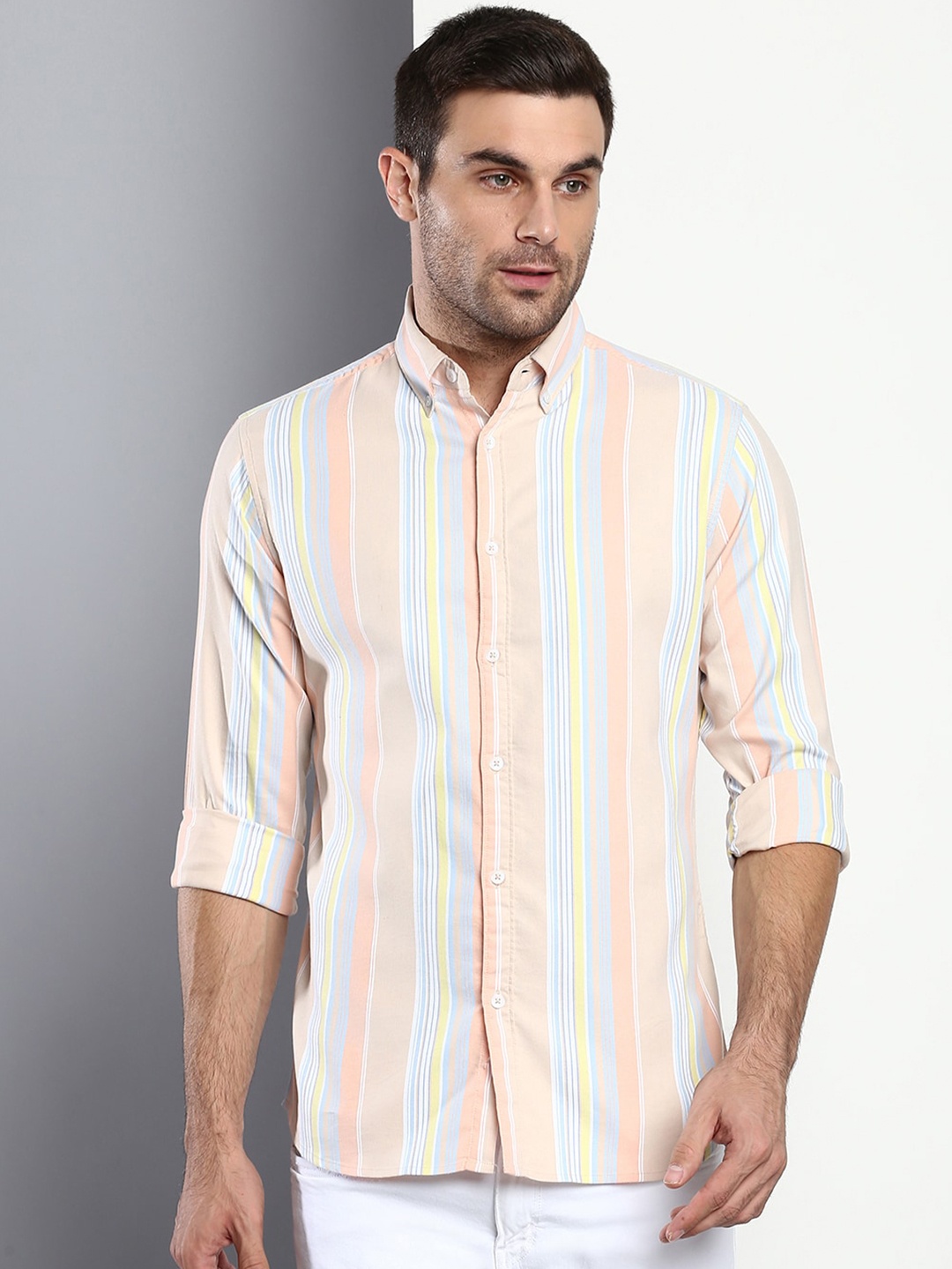 

Dennis Lingo Men Modern Slim Fit Striped Casual Shirt, Beige