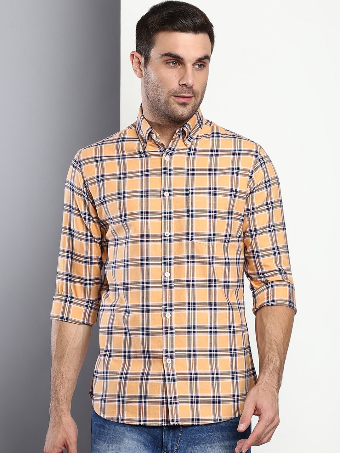 

Dennis Lingo Men Peach-Coloured Slim Fit Tartan Checks Checked Casual Shirt