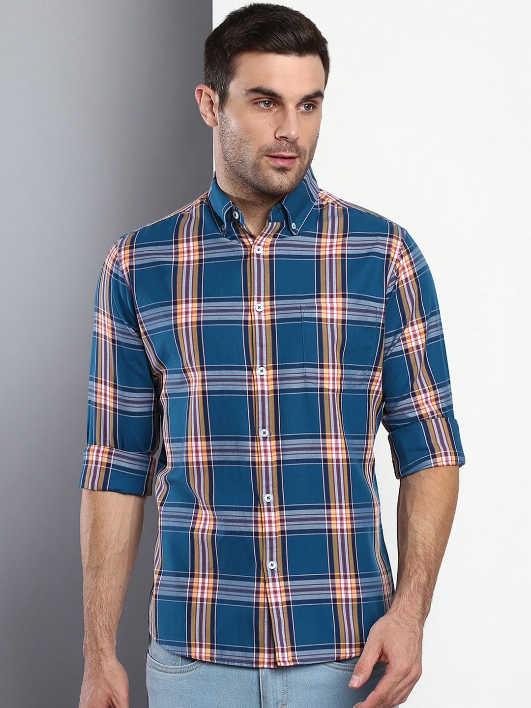 

Dennis Lingo Men Green Slim Fit Tartan Checks Checked Casual Shirt