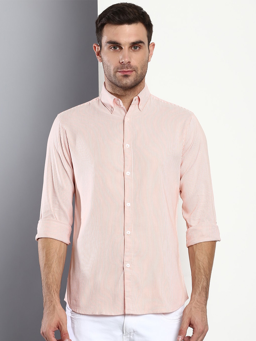 

Dennis Lingo Men Modern Slim Fit Striped Casual Shirt, Peach