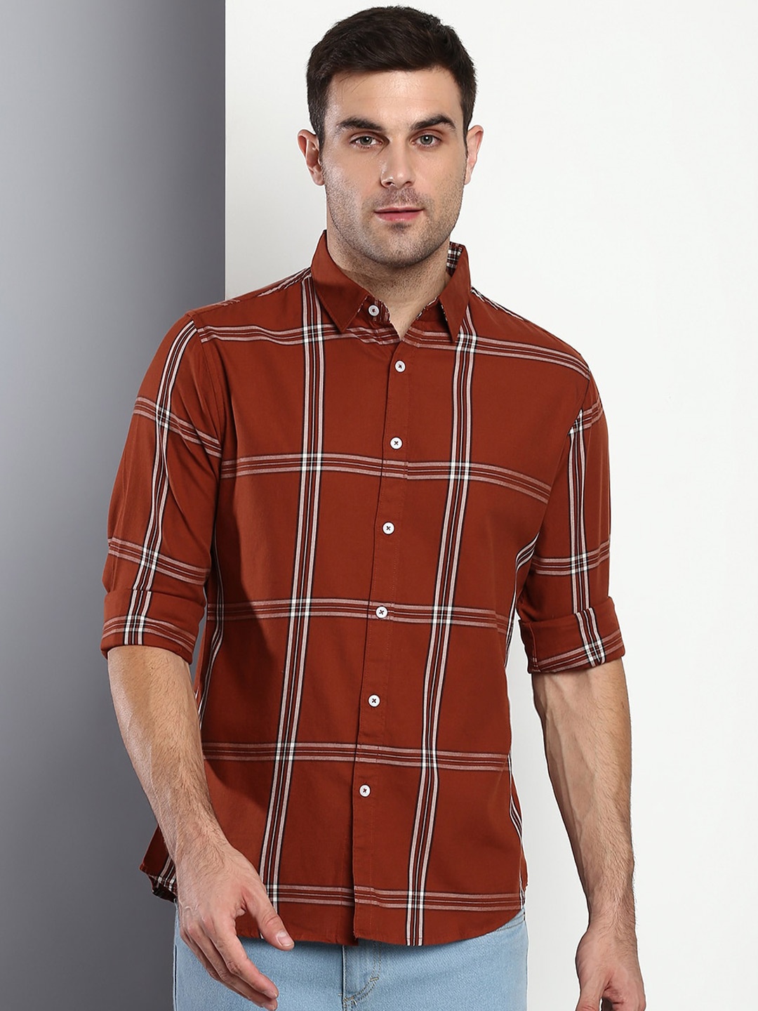 

Dennis Lingo Men Rust Slim Fit Windowpane Checks Checked Casual Shirt