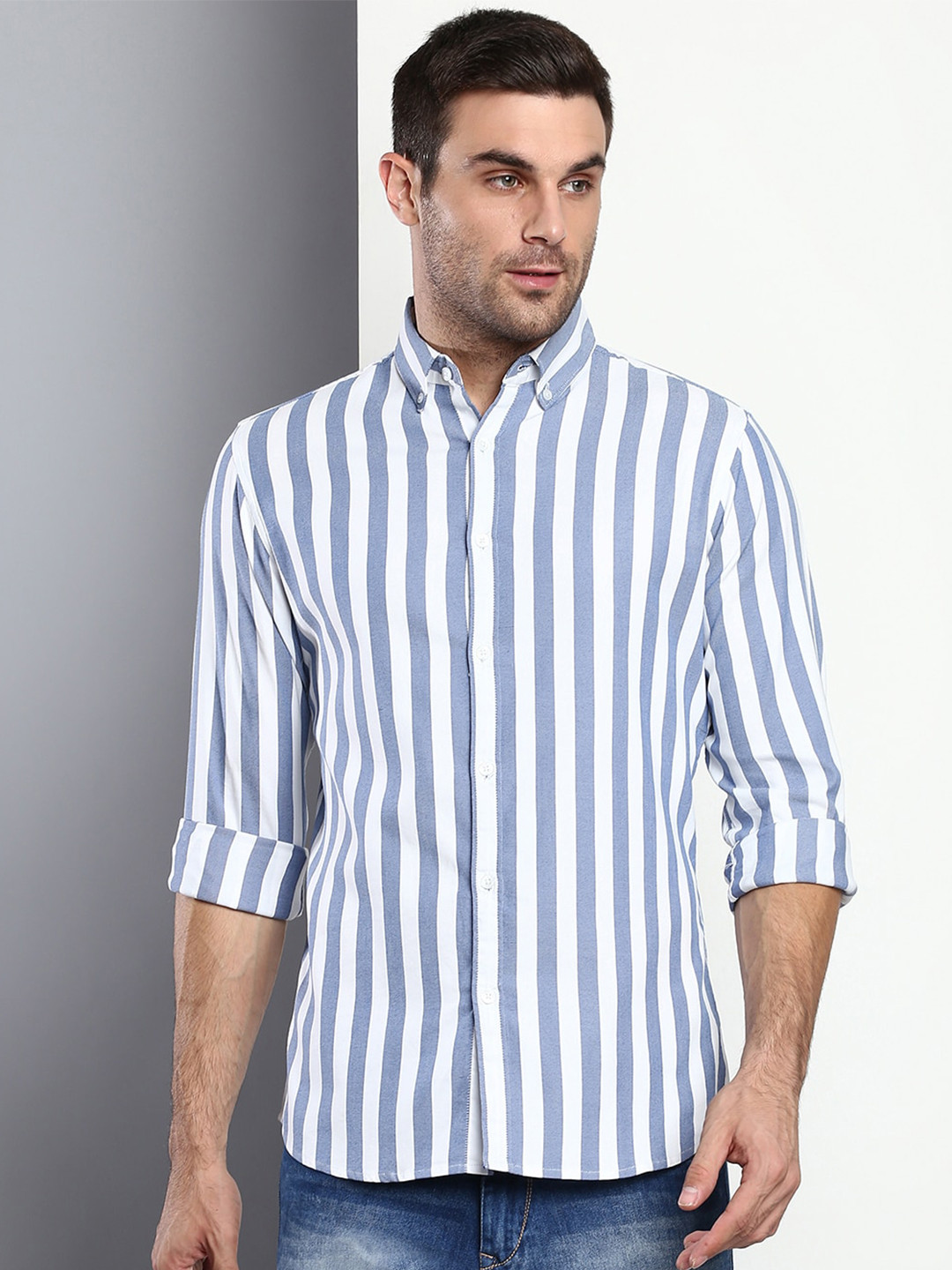 

Dennis Lingo Men Modern Slim Fit Striped Casual Shirt, Blue