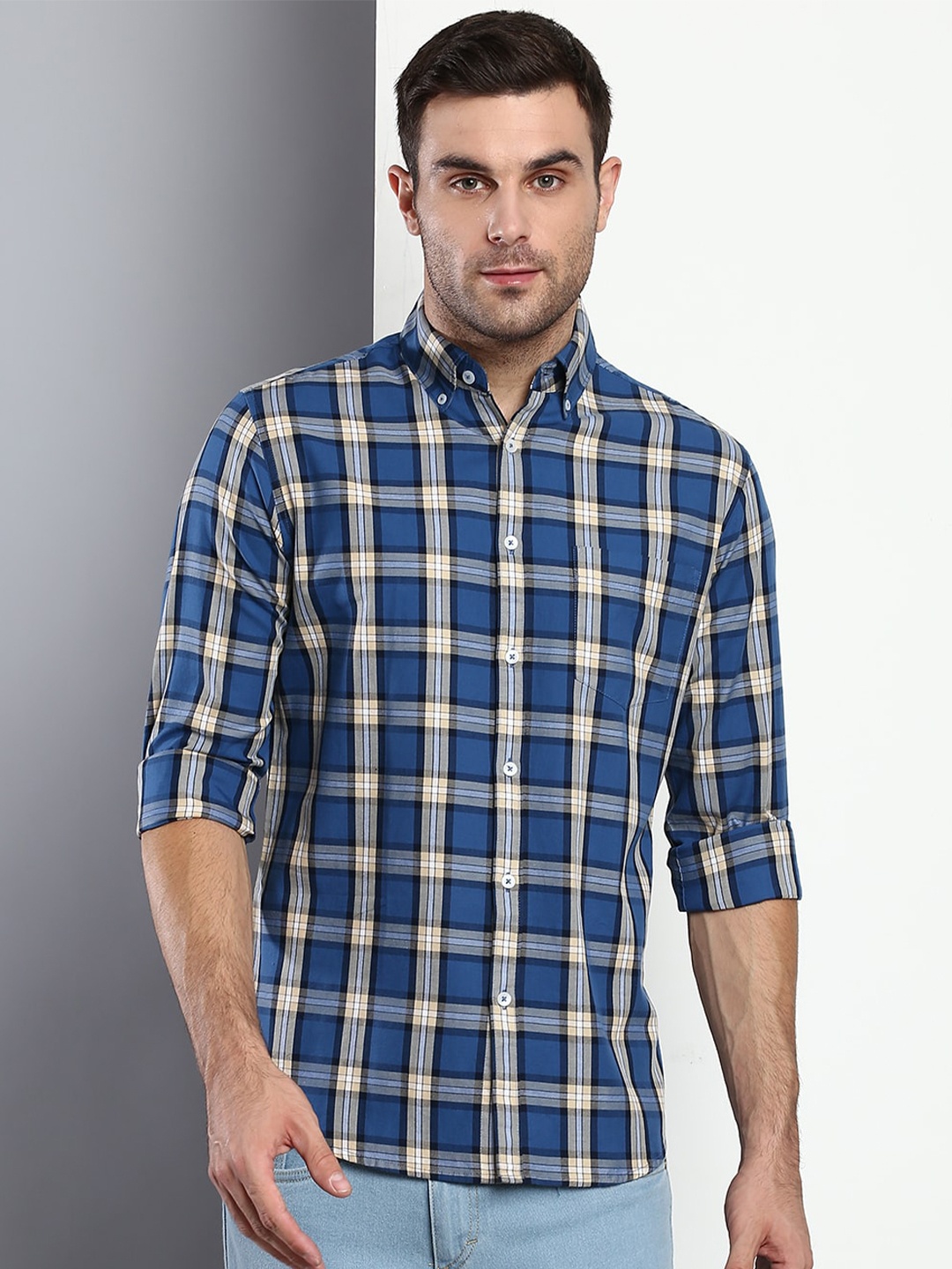 

Dennis Lingo Men Blue Slim Fit Tartan Checks Checked Casual Shirt