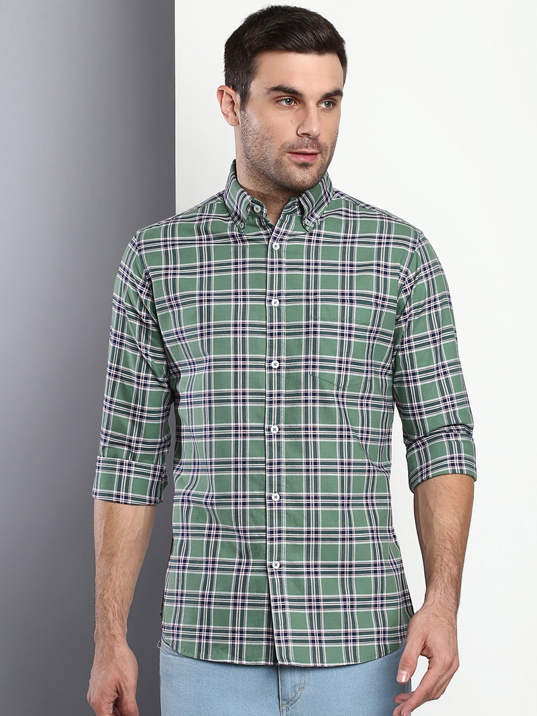 

Dennis Lingo Men Green Slim Fit Tartan Checks Checked Casual Shirt