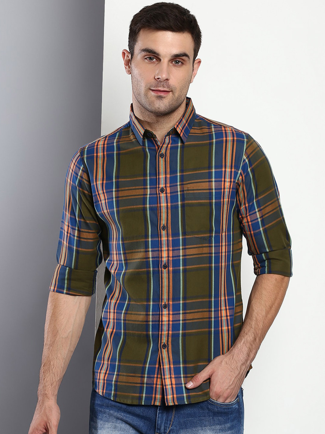 

Dennis Lingo Men Green Slim Fit Tartan Checks Checked Casual Shirt