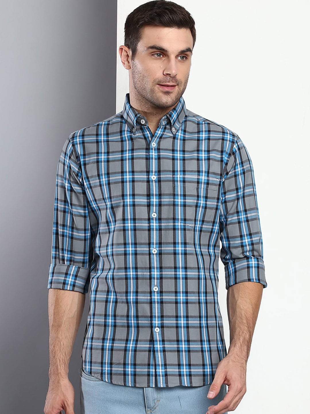 

Dennis Lingo Men Grey Slim Fit Tartan Checks Checked Casual Shirt
