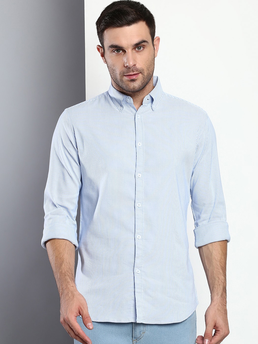 

Dennis Lingo Men Blue Slim Fit Striped Casual Shirt