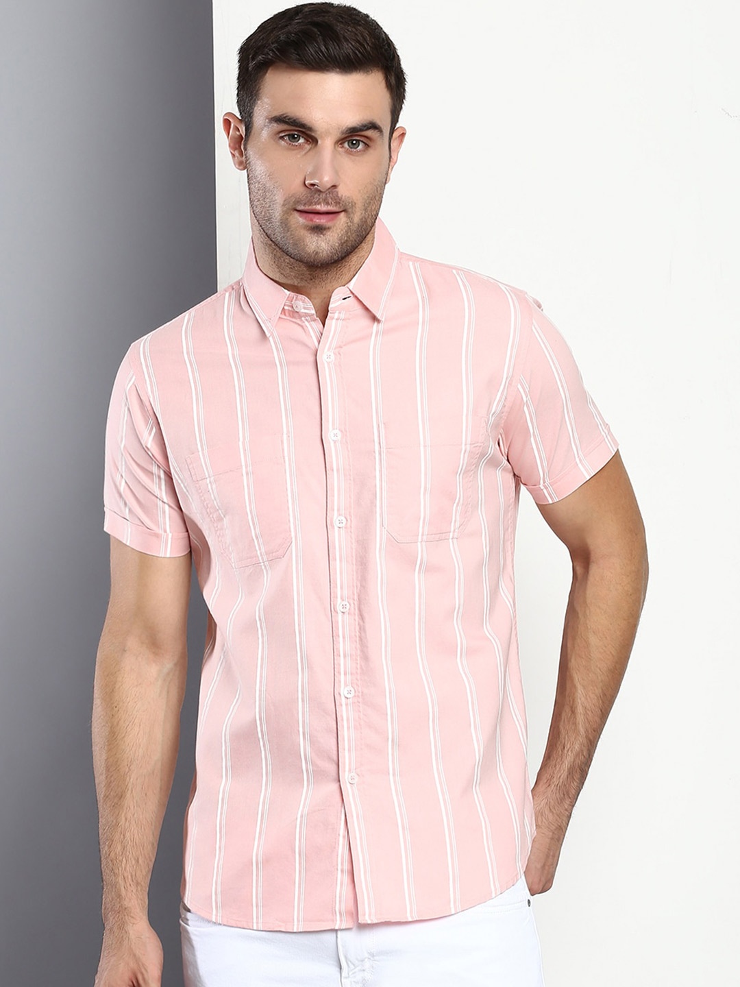

Dennis Lingo Men Peach-Coloured Slim Fit Striped Casual Shirt