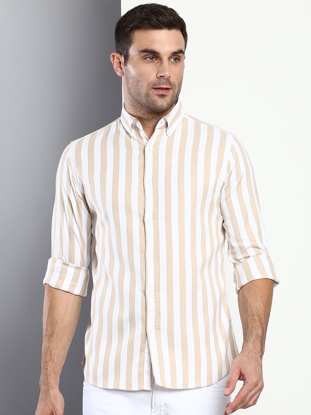 

Dennis Lingo Men Beige Slim Fit Striped Casual Shirt