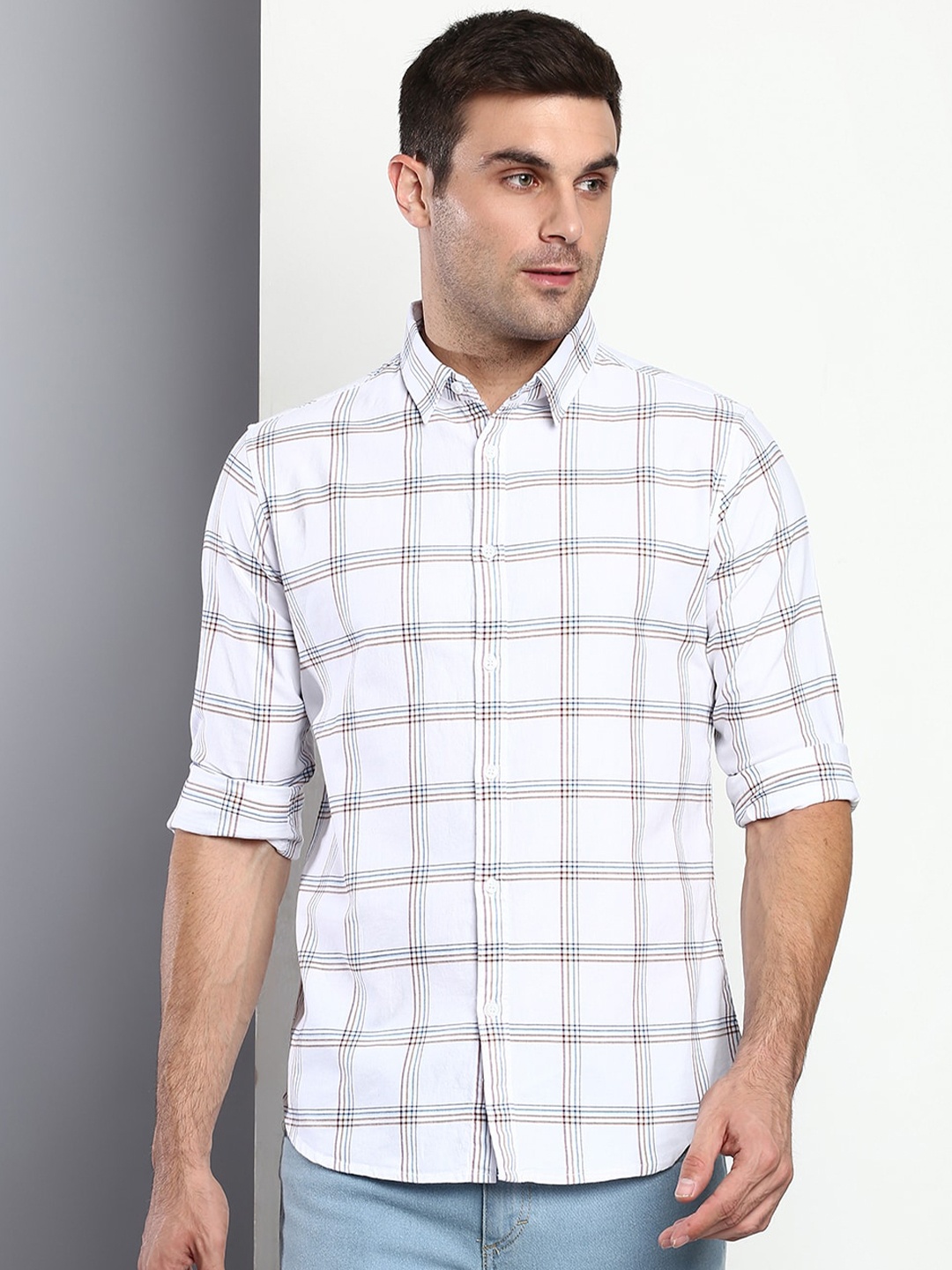 

Dennis Lingo Men White Slim Fit Windowpane Checks Checked Casual Shirt