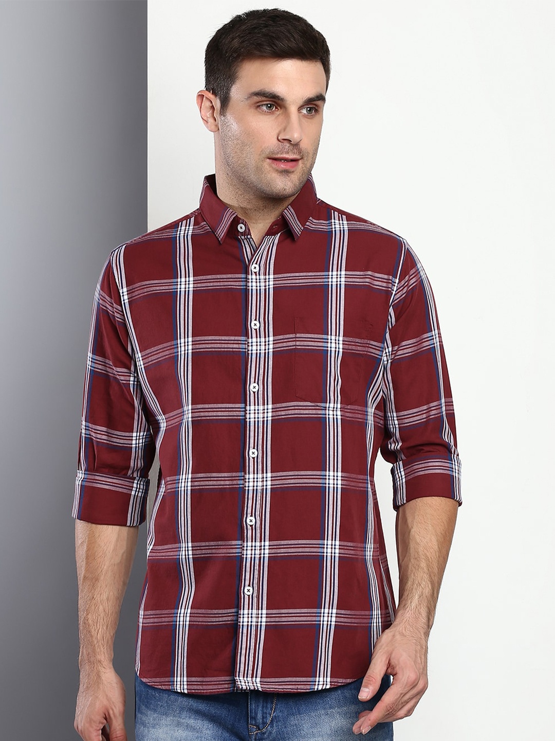 

Dennis Lingo Men Rust Slim Fit Tartan Checks Checked Casual Shirt