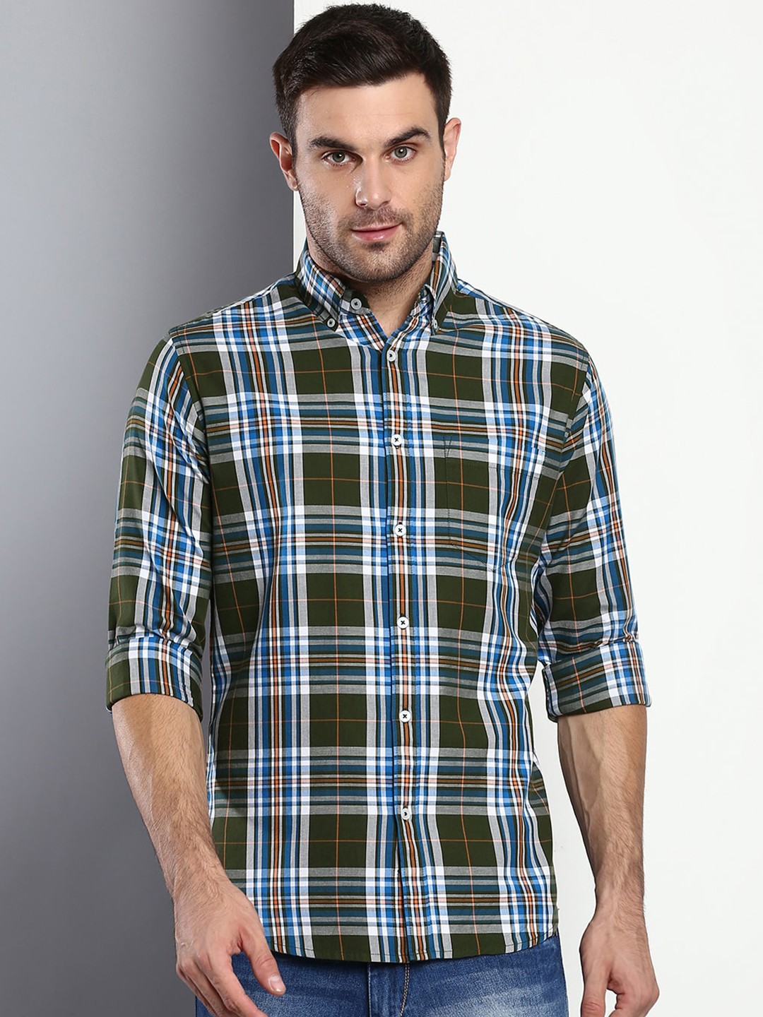

Dennis Lingo Men Olive Green Slim Fit Tartan Checks Checked Casual Shirt