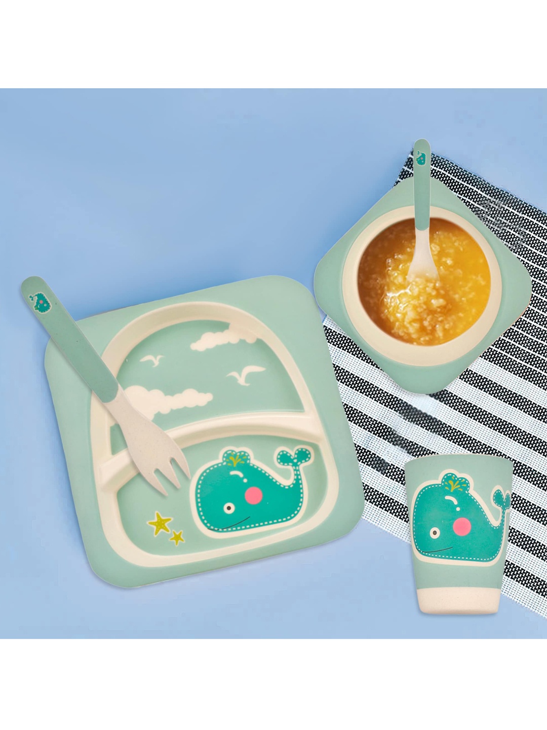 

Baby Moo Kids 5 Pieces Sea Green Whale Printed Bamboo Fiber Dinner Set