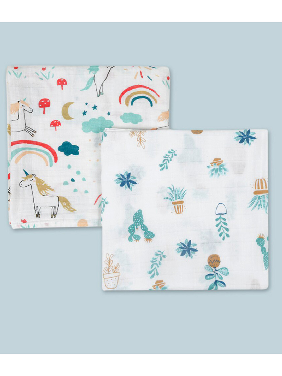 

Baby Moo Kids Pack of 2 Printed Unicorns And Cacti Muslin Swaddles, Multi