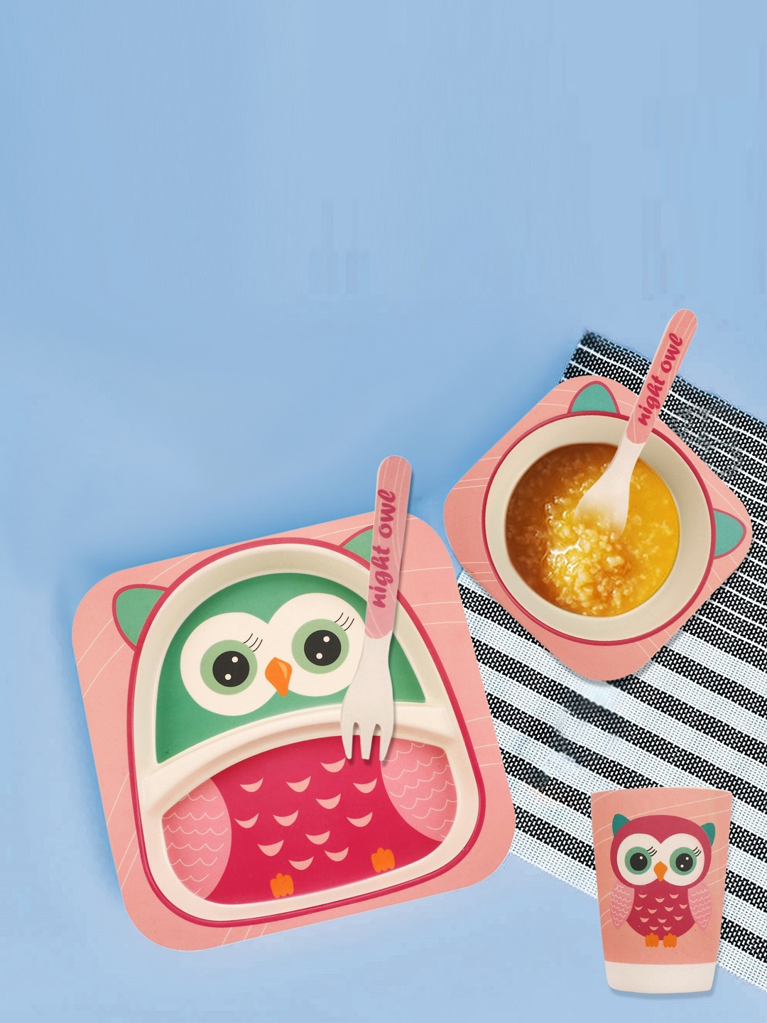 

Baby Moo Kids 5 Pieces Multicolored Owl Pink Bamboo Fiber Dinner Set, Multi