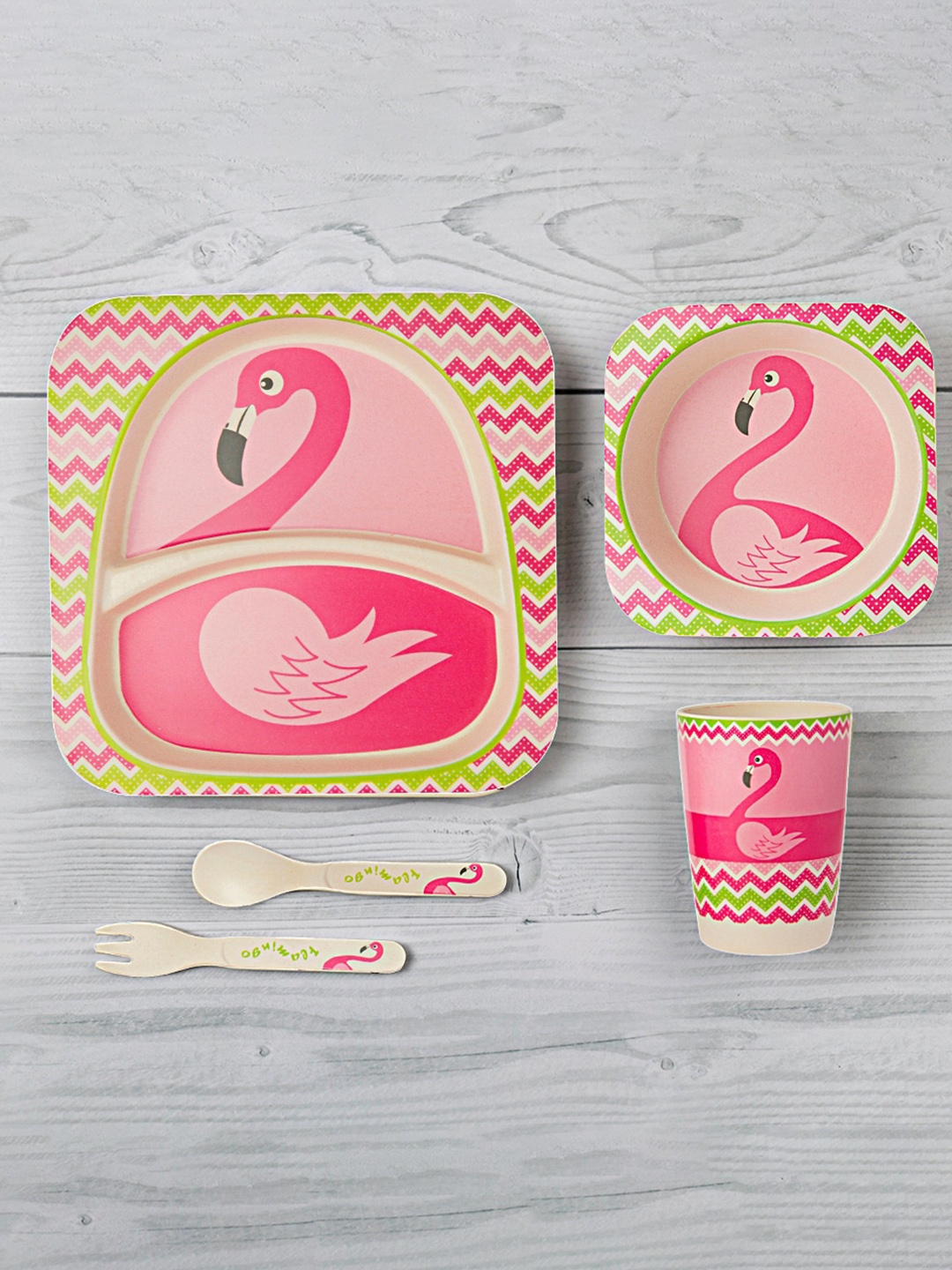 

Baby Moo Kids Set of 5 Pink Flamingo Printed Bamboo Utensils