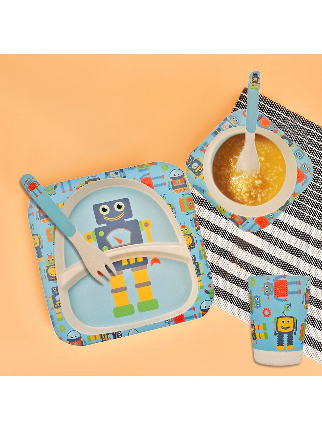 

Baby Moo Kids 5 Pieces Blue Printed Bamboo Dinner Set
