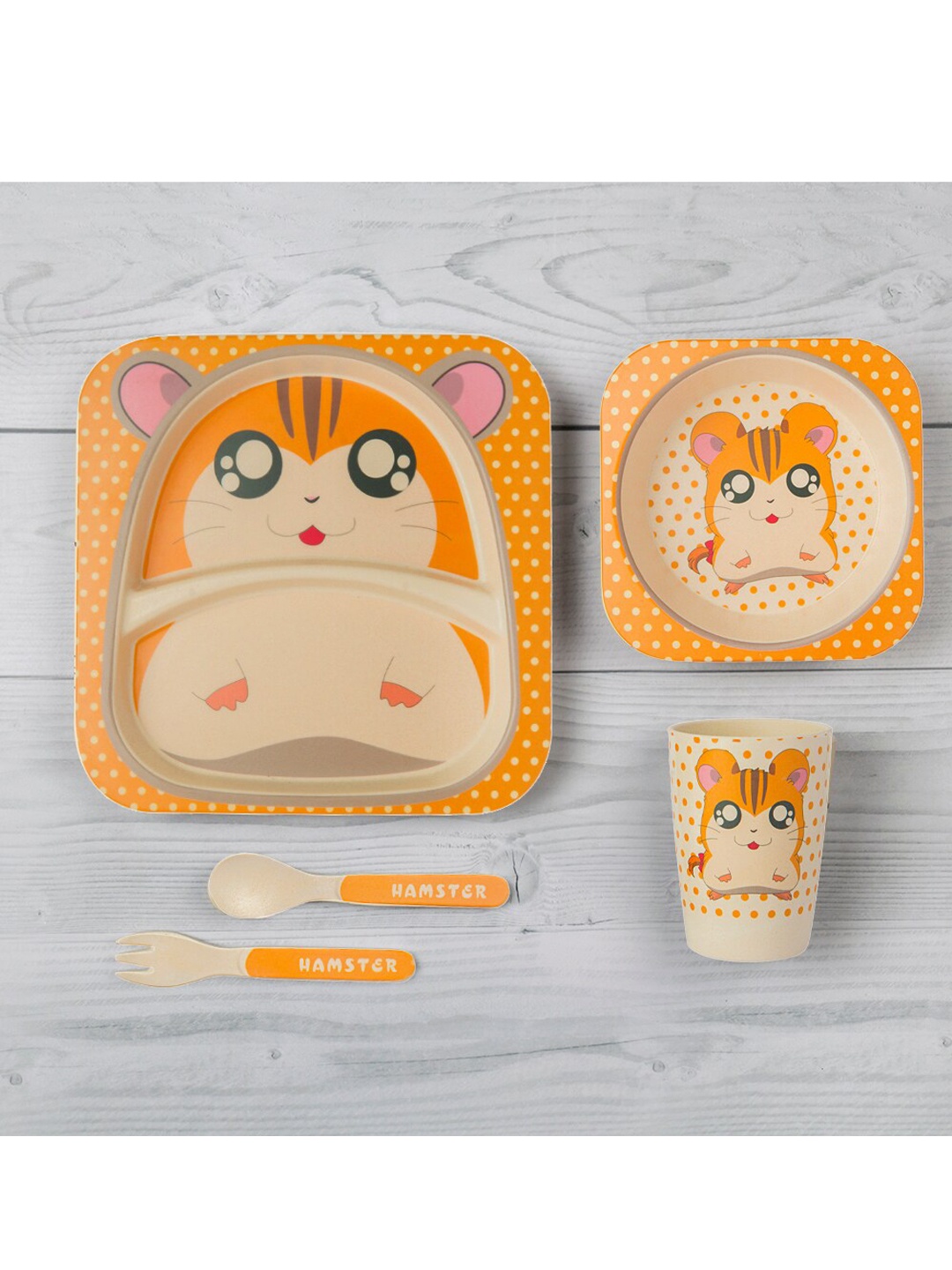 

Baby Moo Kids Set Of 5 Orange Cat Printed Bamboo Fiber Dinner Set