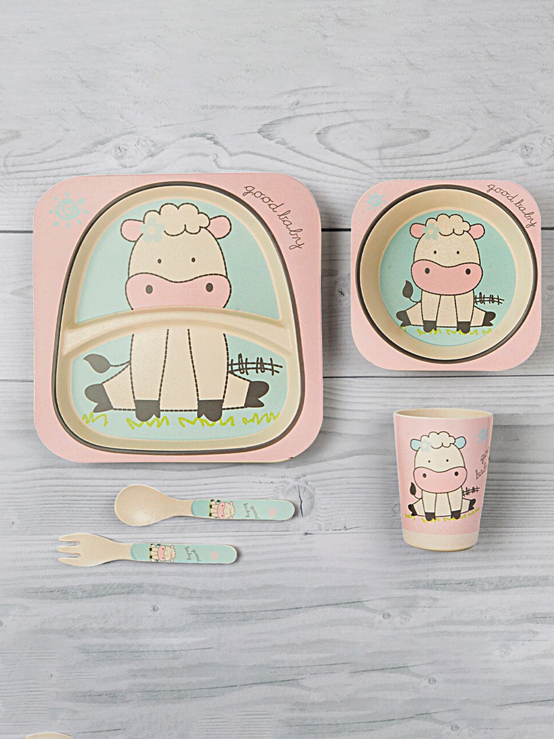 

Baby Moo 5 Pieces Pink Printed Bamboo Dinner Set