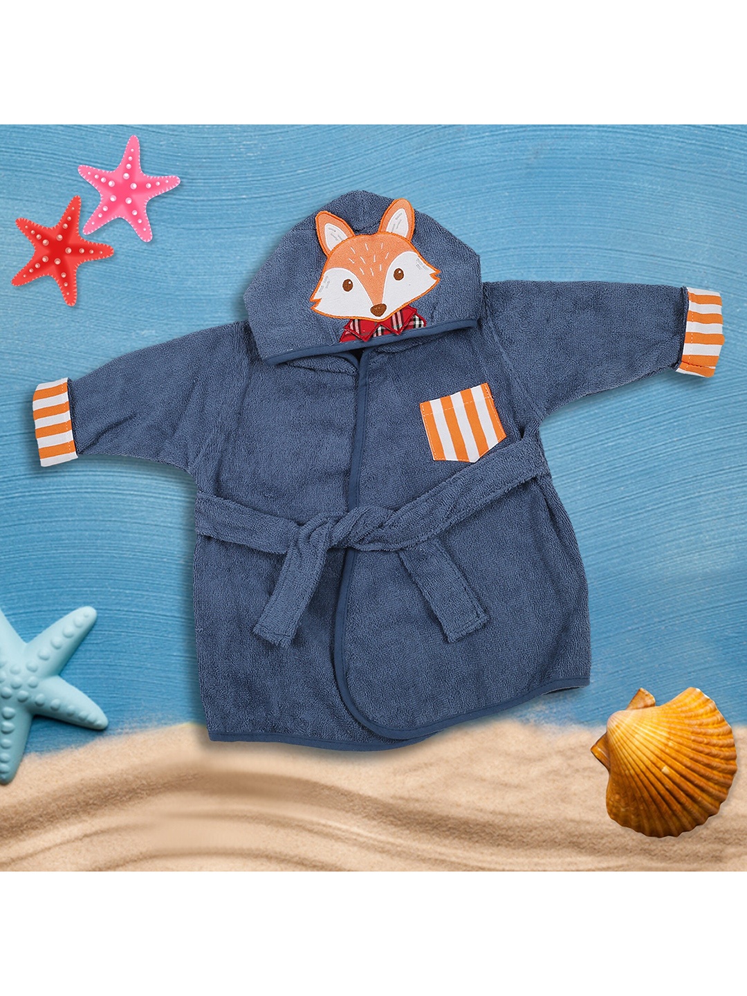 

Baby Moo Infant Kids Navy Blue & Orange Striped Detail Bathrobe