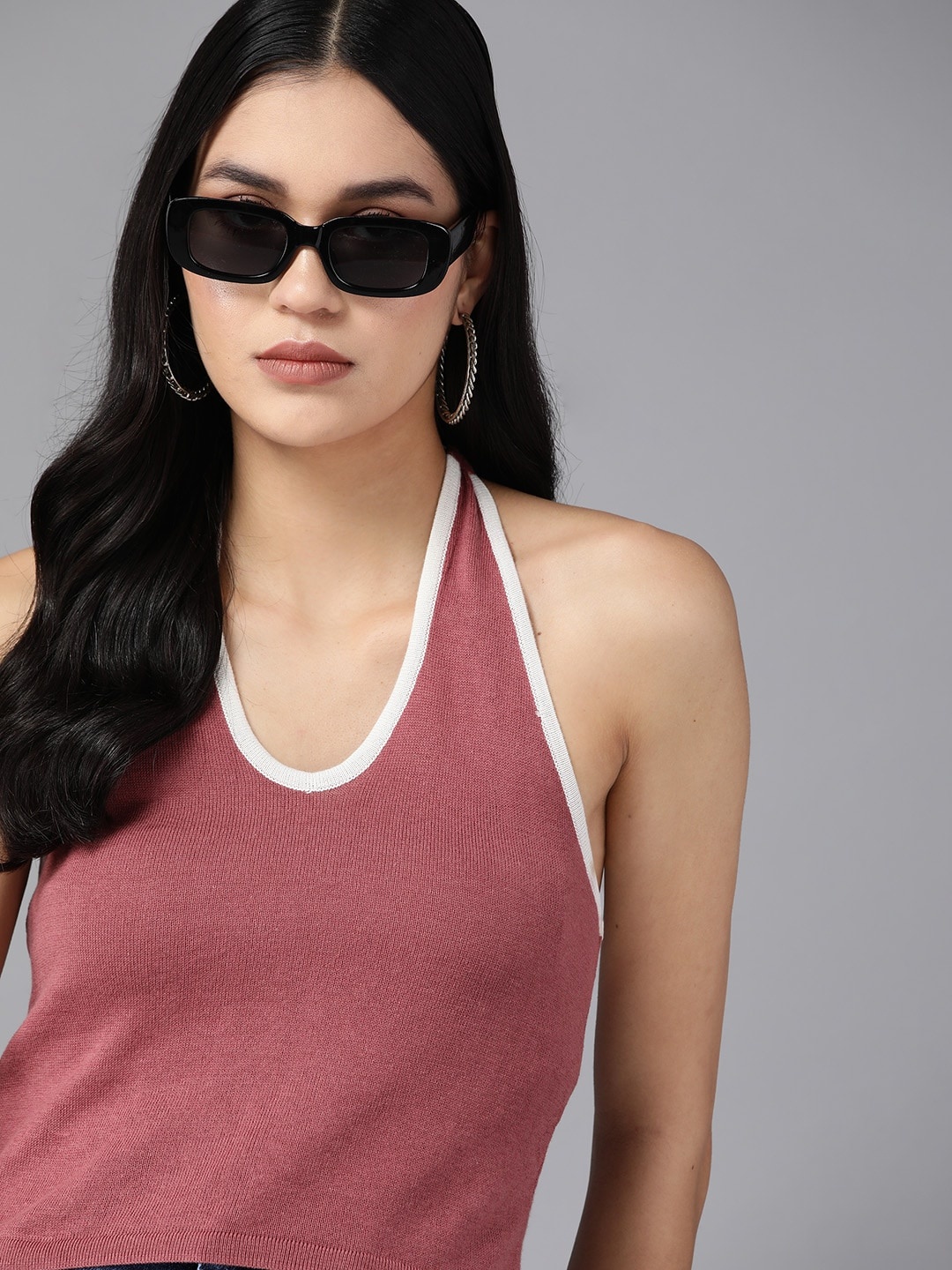 

The Roadster Lifestyle Co. Pure Cotton Halter Neck Crop Fitted Top, Rose