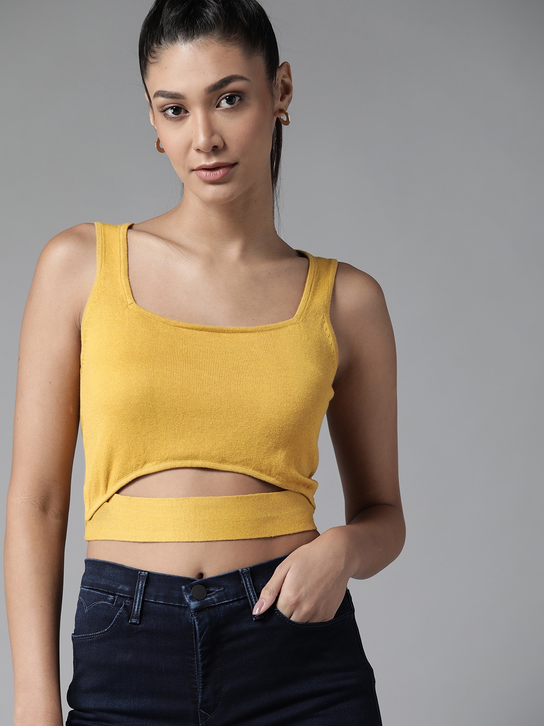 

Roadster Mustard Yellow Crop Top with Cut Out Detail