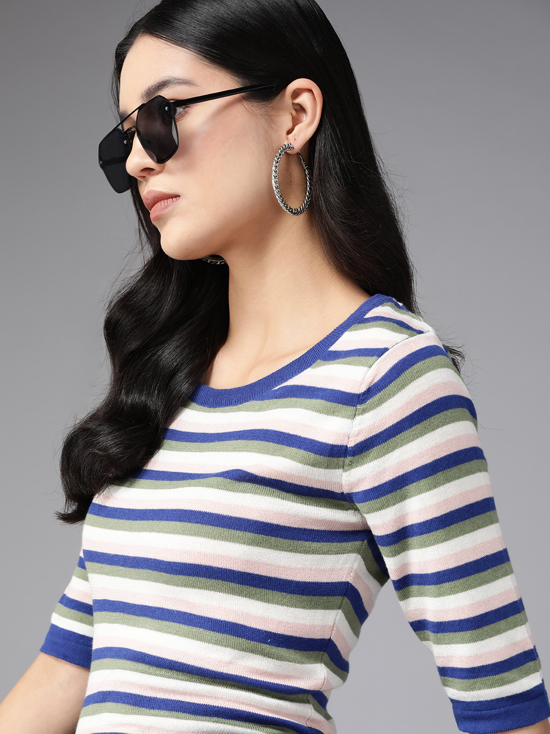 

The Roadster Lifestyle Co. Striped Pure Cotton Fitted Top, Blue