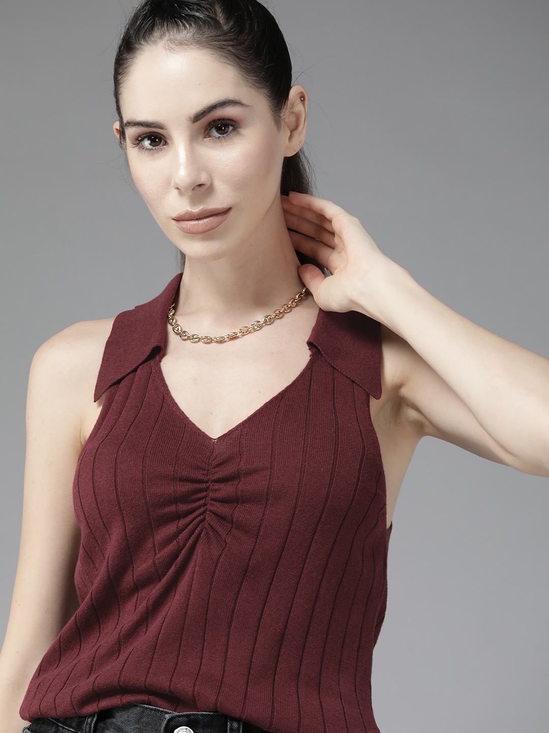 

Roadster Burgundy Striped Cotton Top