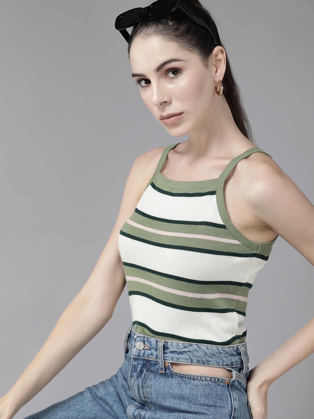 

Roadster White & Olive Green Striped Pure Cotton Knitted Crop Top