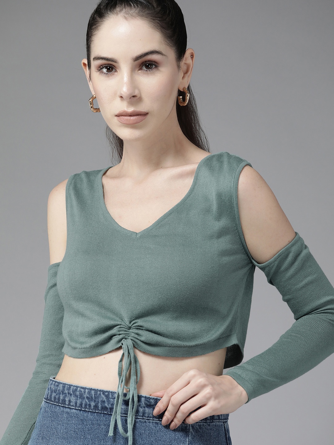 

Roadster Sage Green Solid Cold-Shoulder Sleeves Ruched Tie-Up Detail Crop Top