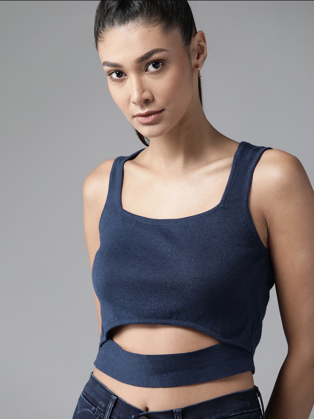 

Roadster Navy Blue Pure Cotton Tank Crop Top with Cut Out Detail