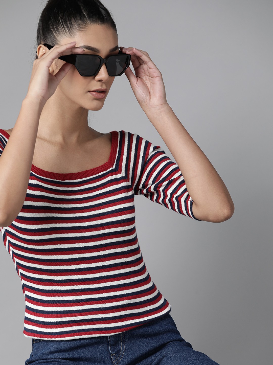 

Roadster Red & Navy Blue Pure Cotton Striped Top