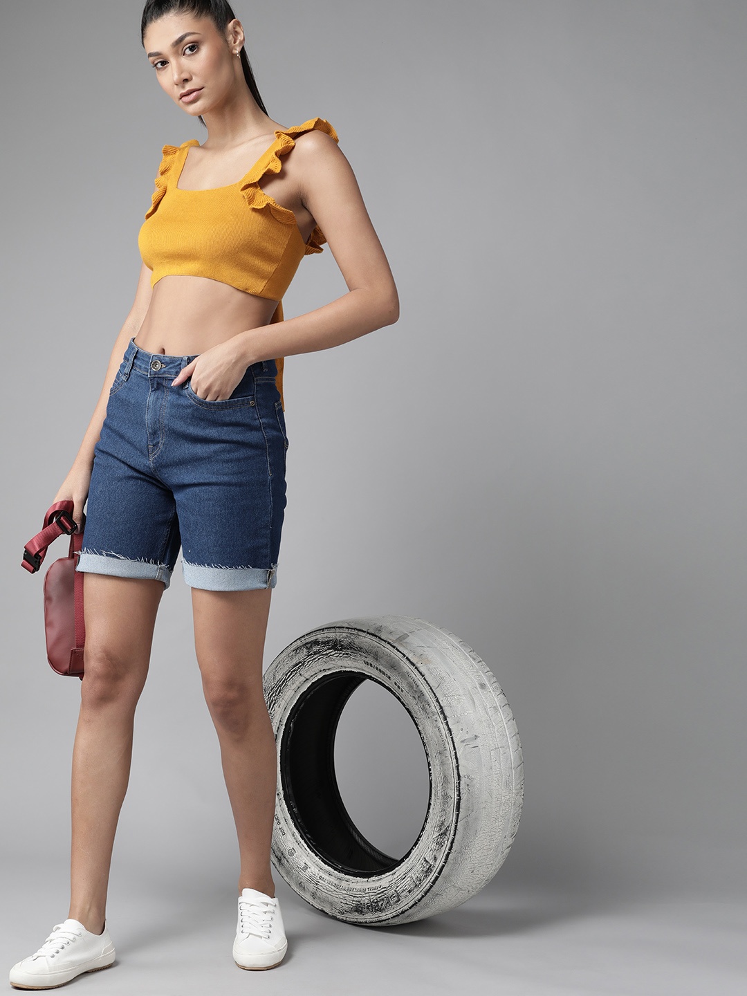 

Roadster Mustard Yellow Pure Cotton Ruffles Styled Back Crop Top