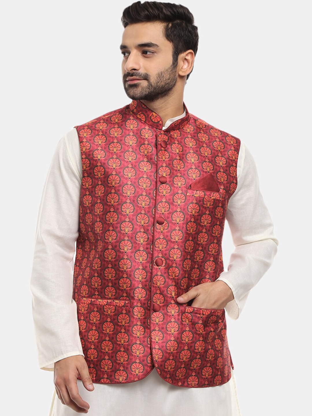 

V-Mart Men Maroon Printed Woven Nehru Jacket