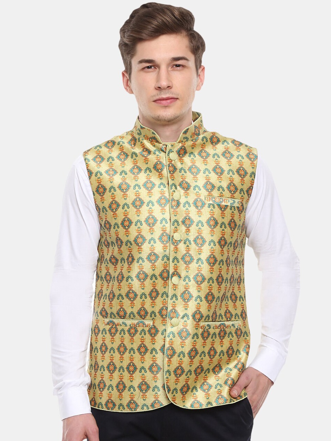 

V-Mart Men Gold-Colored & Green Printed Jacquard Nehru Jacket