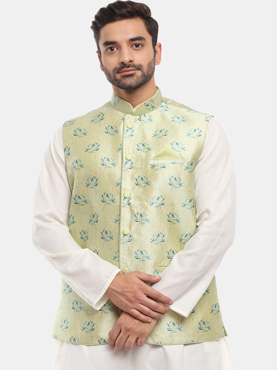 

V-Mart Men Sea Green & Blue Printed Woven Nehru Jacket