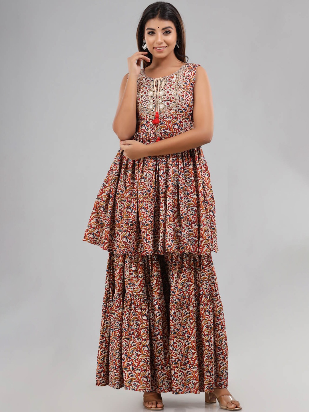 

FASHION DWAR Women Red Ethnic Motifs Printed Empire Thread Work Pure Cotton Kurta with Sharara & Dupatta