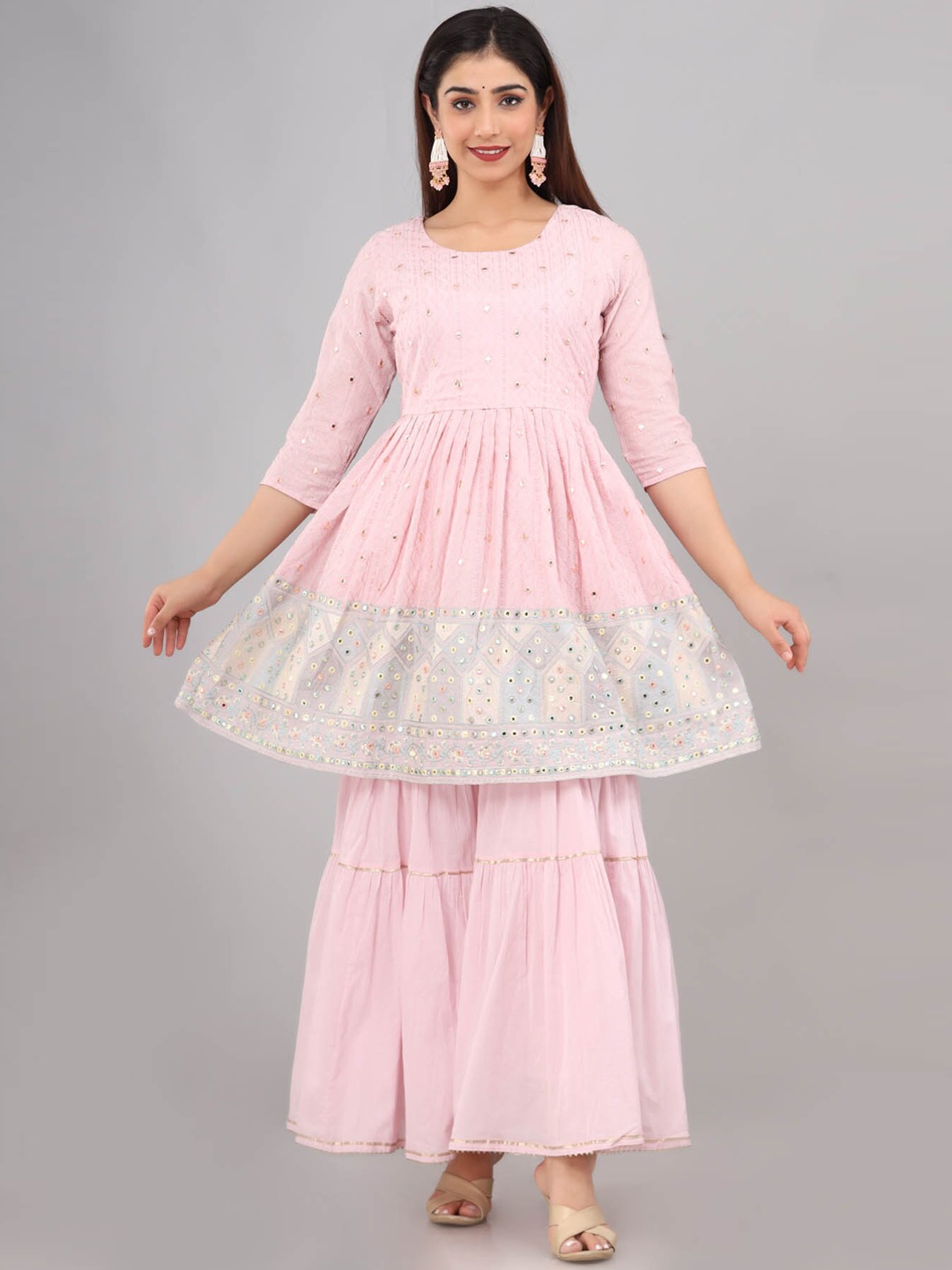 

FASHION DWAR Women Pink Ethnic Motifs Pleated Pure Cotton Kurti with Sharara & With Dupatta