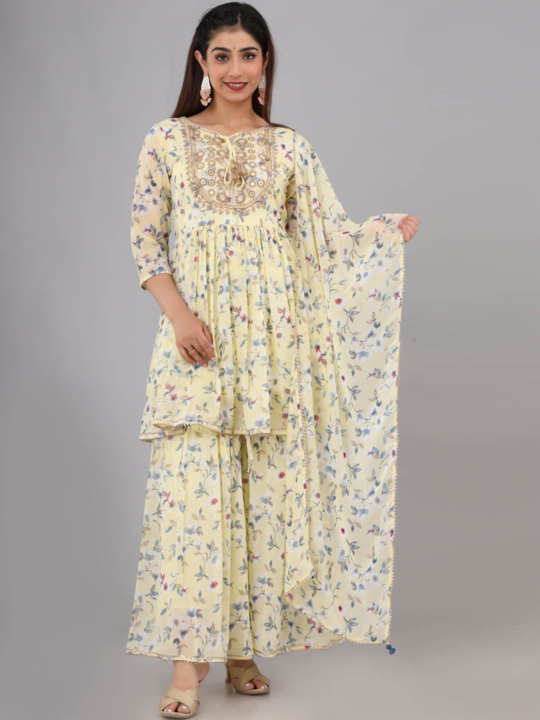 

FASHION DWAR Women Yellow Floral Printed Pleated Silk Georgette Kurti with Palazzos & With Dupatta