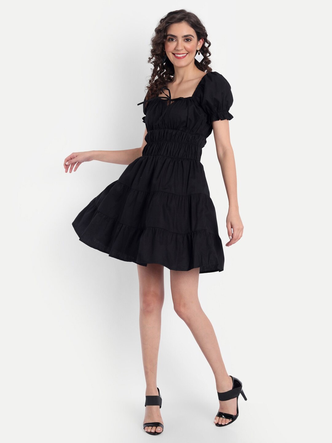 

Emprall Black Square Neck Puff Sleeves Cotton Dress