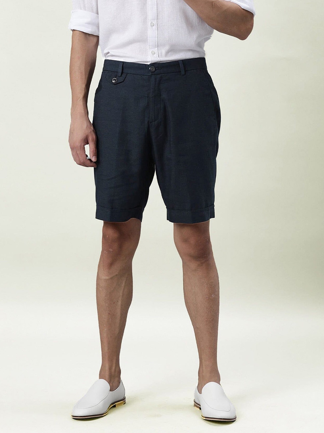 

RARE RABBIT Men Camer Slim Fit Tencel Shorts, Navy blue