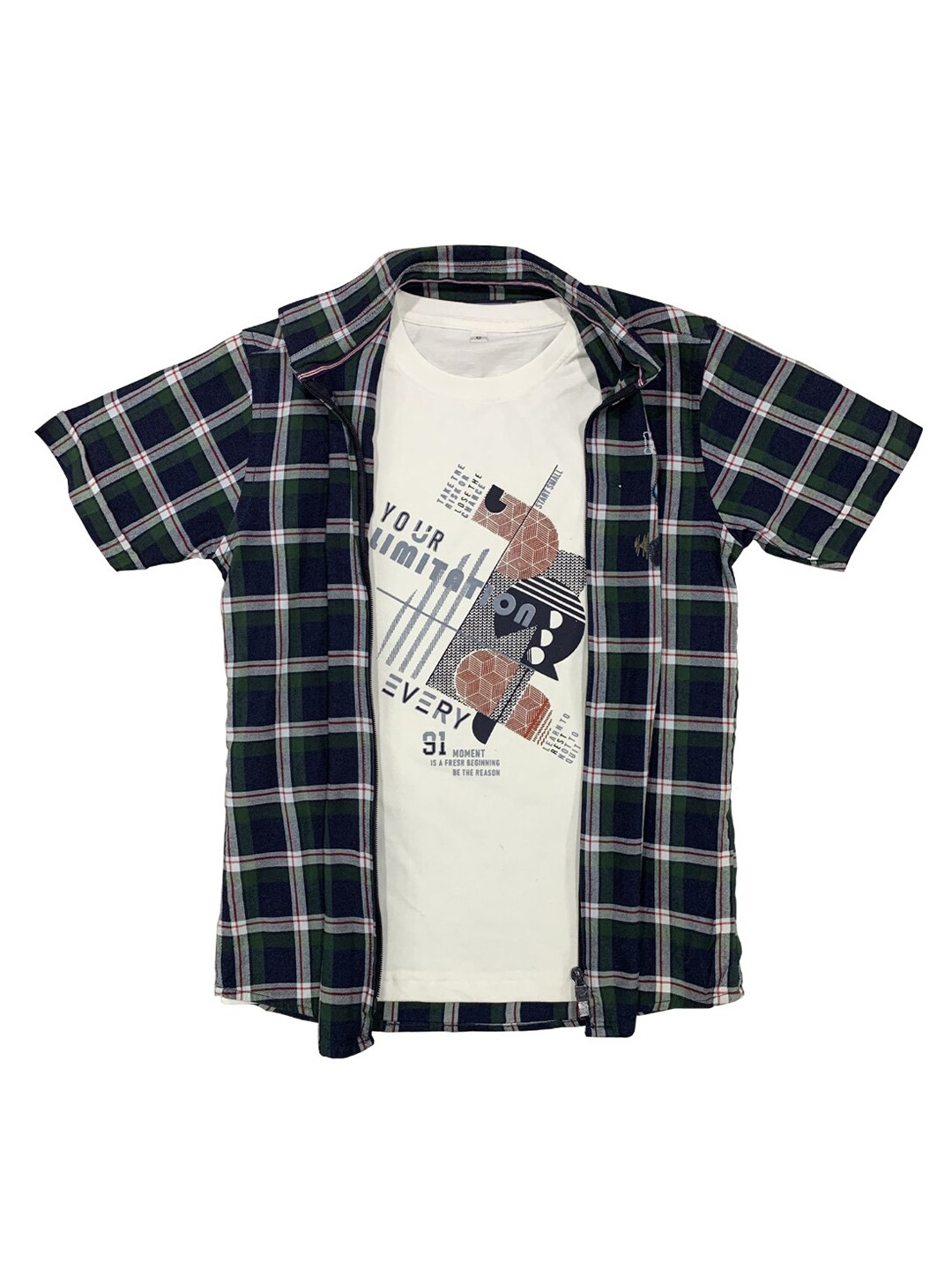 

CAVIO Boys Green Checked Casual Shirt & T-Shirt
