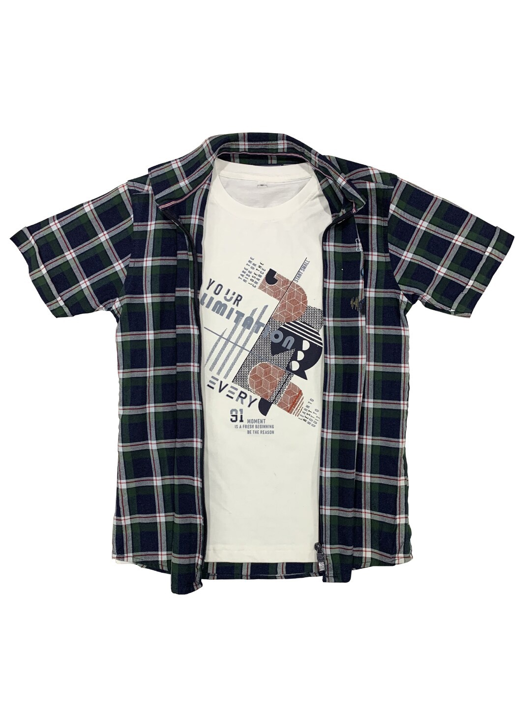 

CAVIO Boys Checked Casual Shirt & T-Shirt, Green