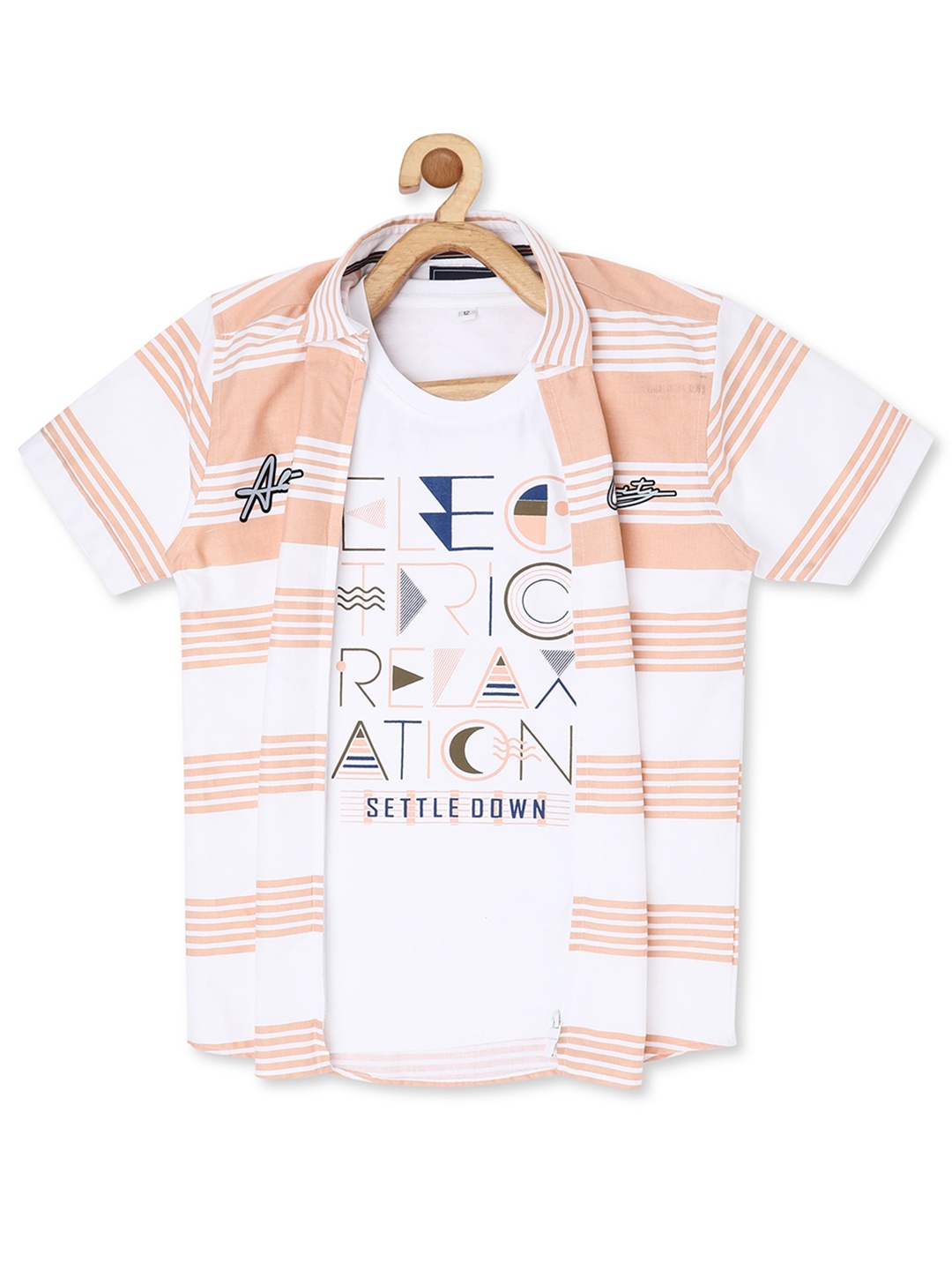 

CAVIO Boys Striped Casual Shirt & T-Shirt, Peach