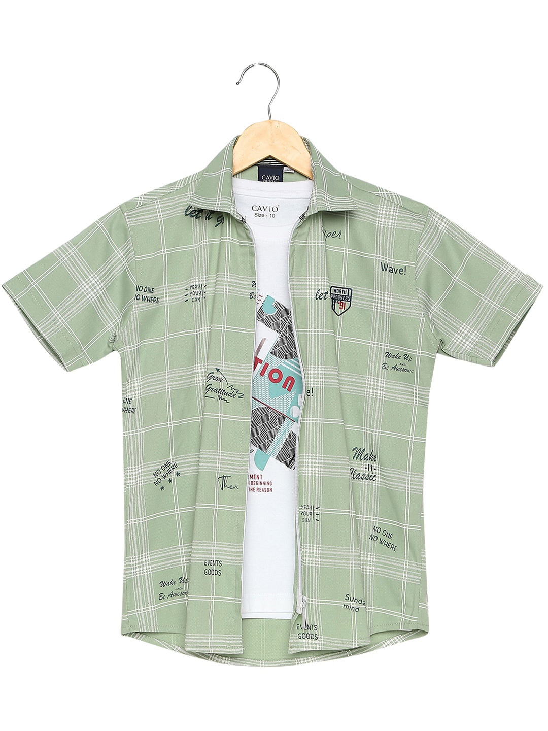 

CAVIO Boys Green Checked Casual Shirt & T-Shirt