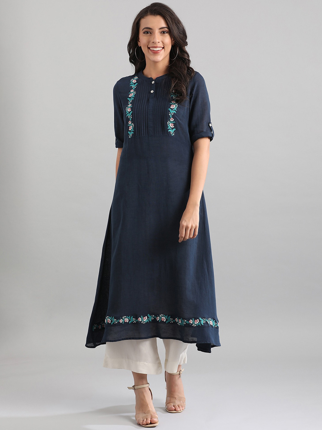 

AURELIA Women Blue Solid Thread Work A-Line Kurta
